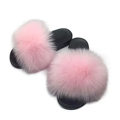 Womens Vegan Fur Slippers Fluffy Fuzzy Open Toe Slides Flip Flop