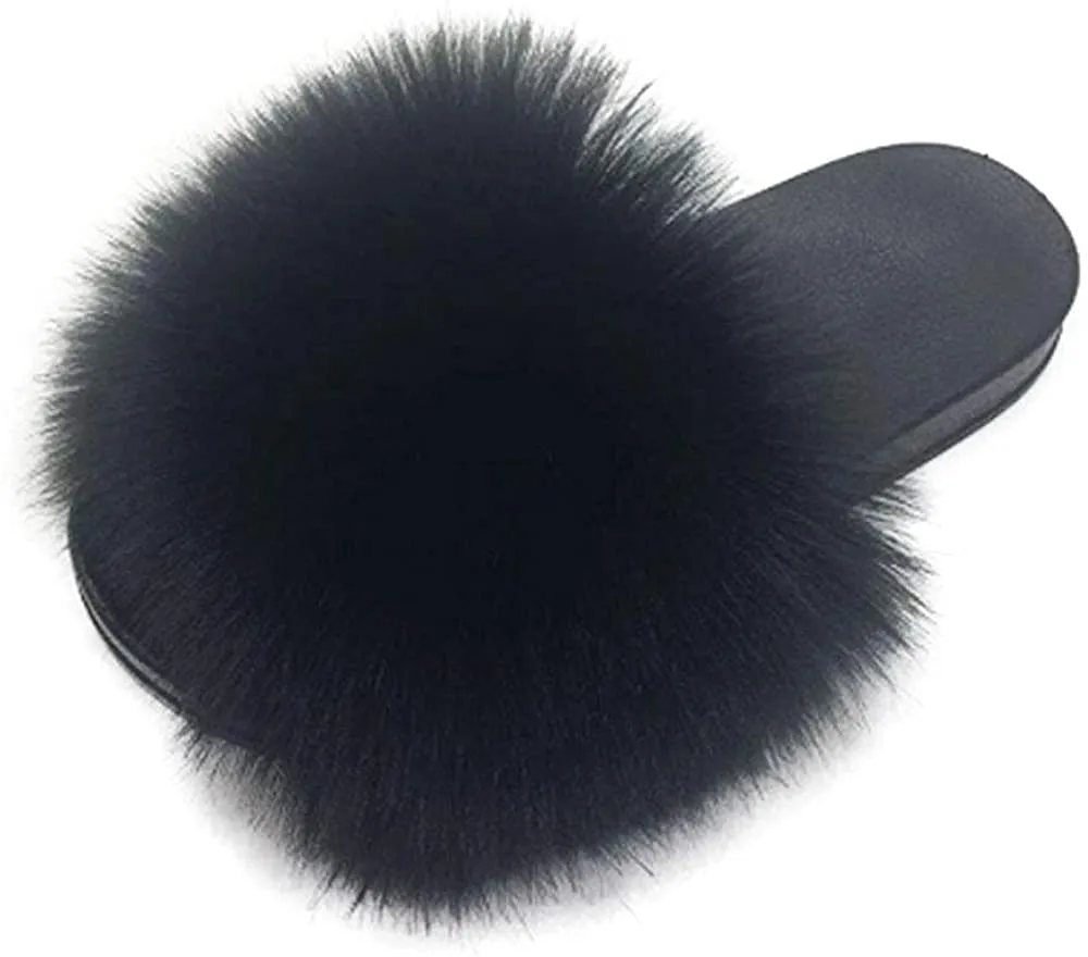 Womens Vegan Fur Slippers Fluffy Fuzzy Open Toe Slides Flip Flop
