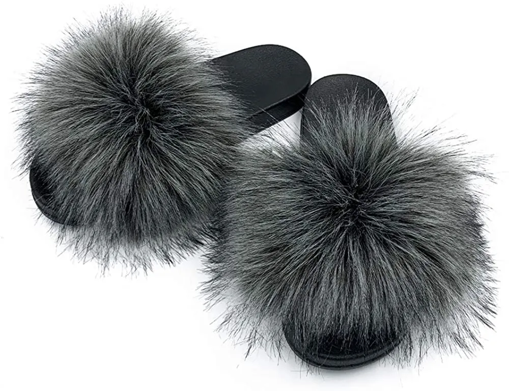 Womens Vegan Fur Slippers Fluffy Fuzzy Open Toe Slides Flip Flop