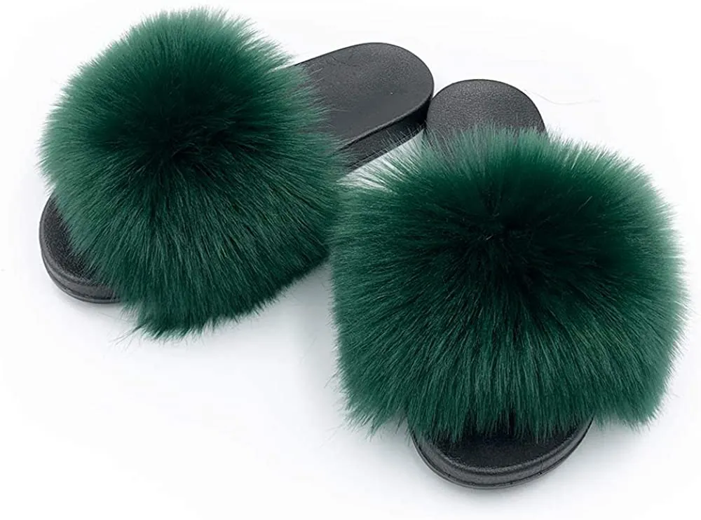 Womens Vegan Fur Slippers Fluffy Fuzzy Open Toe Slides Flip Flop