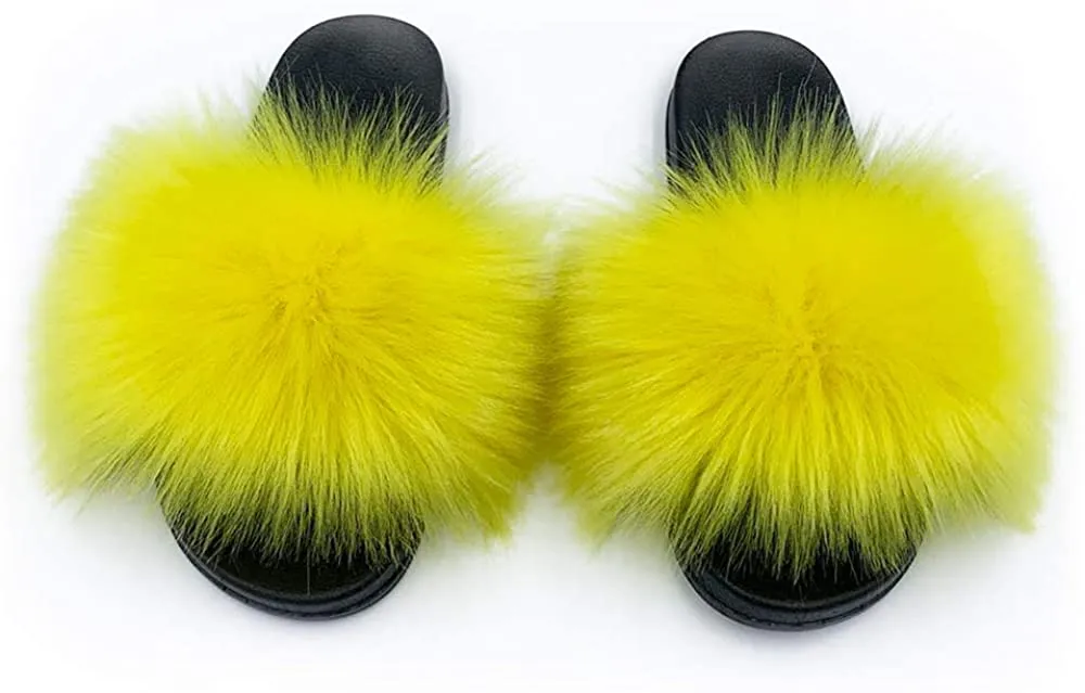 Womens Vegan Fur Slippers Fluffy Fuzzy Open Toe Slides Flip Flop