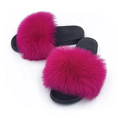 Womens Vegan Fur Slippers Fluffy Fuzzy Open Toe Slides Flip Flop