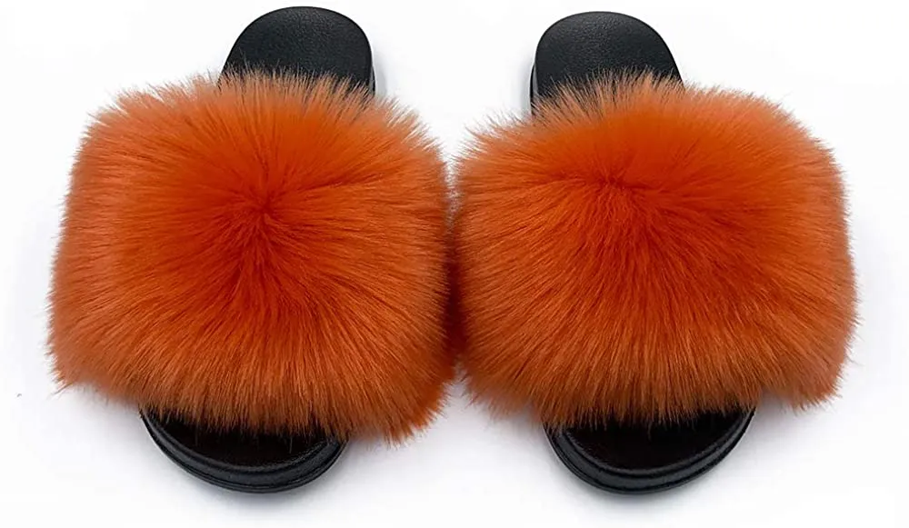 Womens Vegan Fur Slippers Fluffy Fuzzy Open Toe Slides Flip Flop