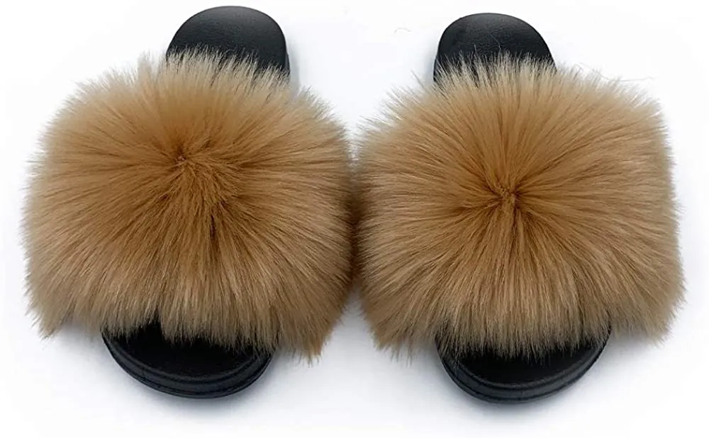 Womens Vegan Fur Slippers Fluffy Fuzzy Open Toe Slides Flip Flop
