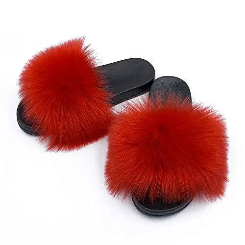 Womens Vegan Fur Slippers Fluffy Fuzzy Open Toe Slides Flip Flop
