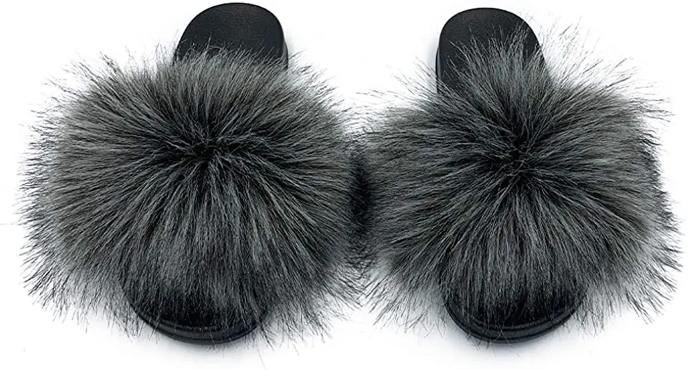Womens Vegan Fur Slippers Fluffy Fuzzy Open Toe Slides Flip Flop