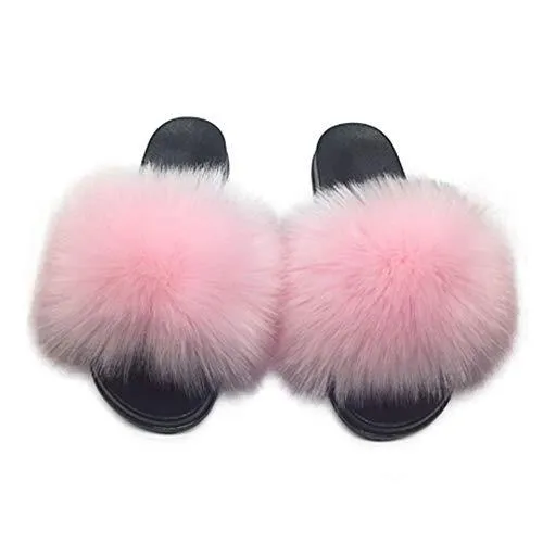 Womens Vegan Fur Slippers Fluffy Fuzzy Open Toe Slides Flip Flop