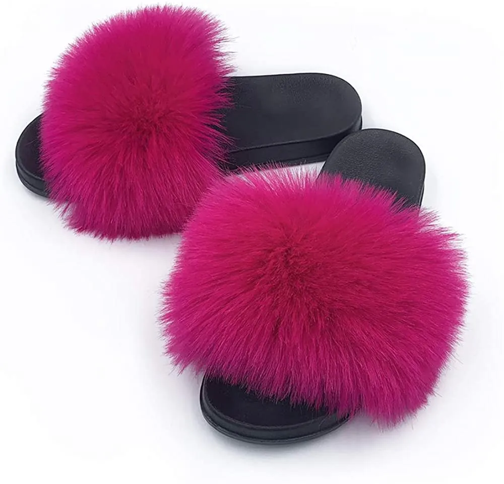 Womens Vegan Fur Slippers Fluffy Fuzzy Open Toe Slides Flip Flop