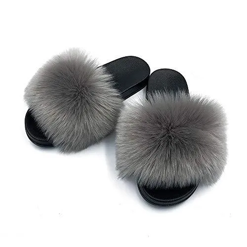 Womens Vegan Fur Slippers Fluffy Fuzzy Open Toe Slides Flip Flop