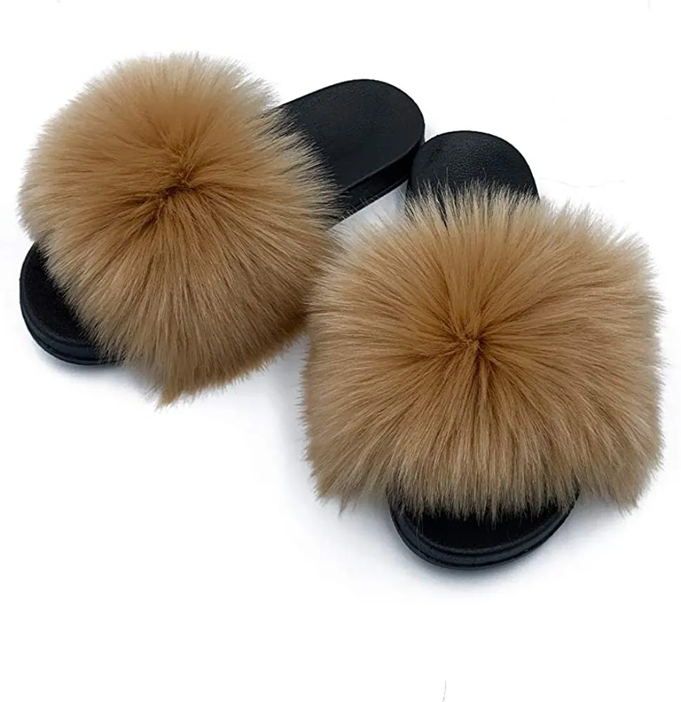 Womens Vegan Fur Slippers Fluffy Fuzzy Open Toe Slides Flip Flop
