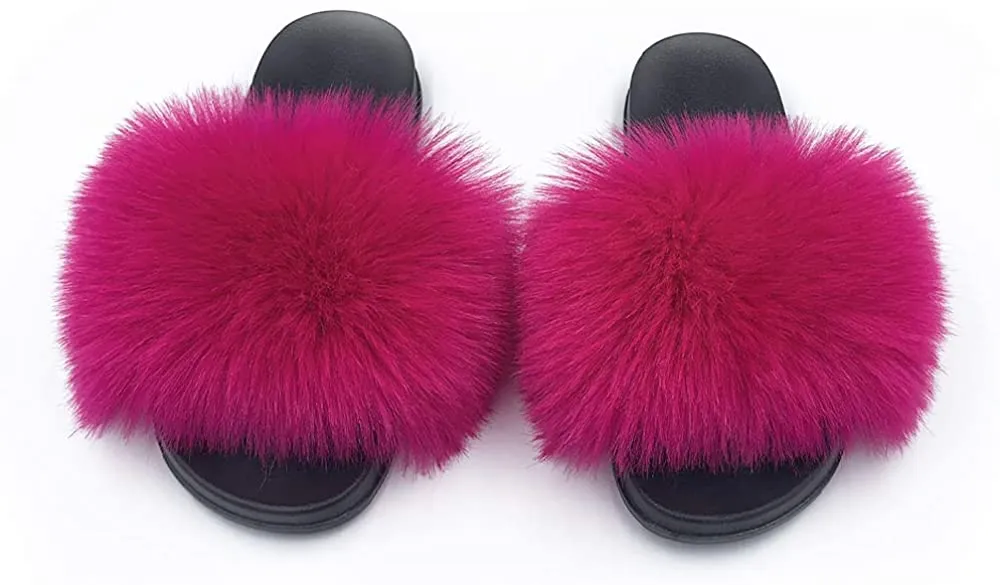 Womens Vegan Fur Slippers Fluffy Fuzzy Open Toe Slides Flip Flop