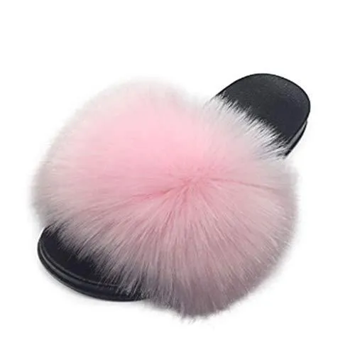 Womens Vegan Fur Slippers Fluffy Fuzzy Open Toe Slides Flip Flop