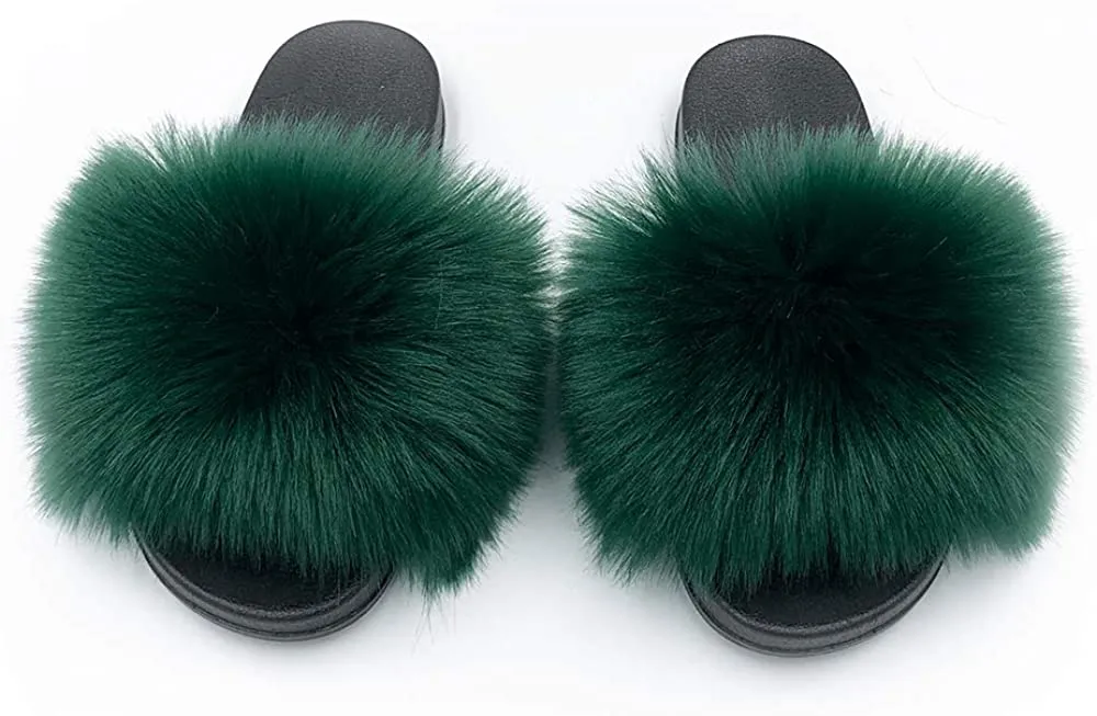 Womens Vegan Fur Slippers Fluffy Fuzzy Open Toe Slides Flip Flop
