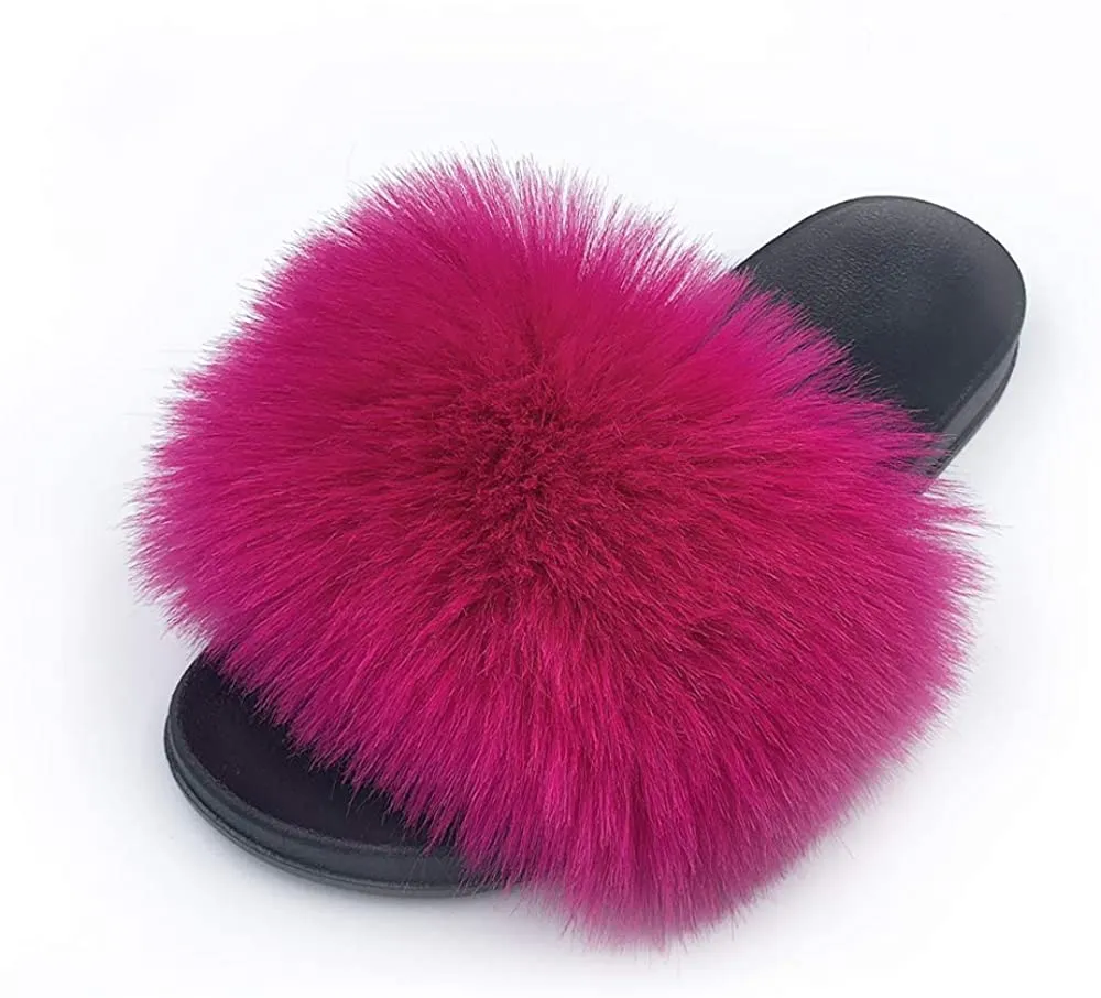 Womens Vegan Fur Slippers Fluffy Fuzzy Open Toe Slides Flip Flop