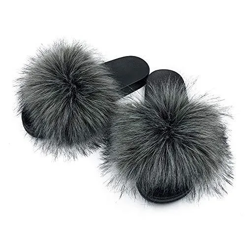 Womens Vegan Fur Slippers Fluffy Fuzzy Open Toe Slides Flip Flop