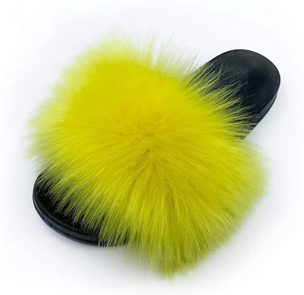 Womens Vegan Fur Slippers Fluffy Fuzzy Open Toe Slides Flip Flop