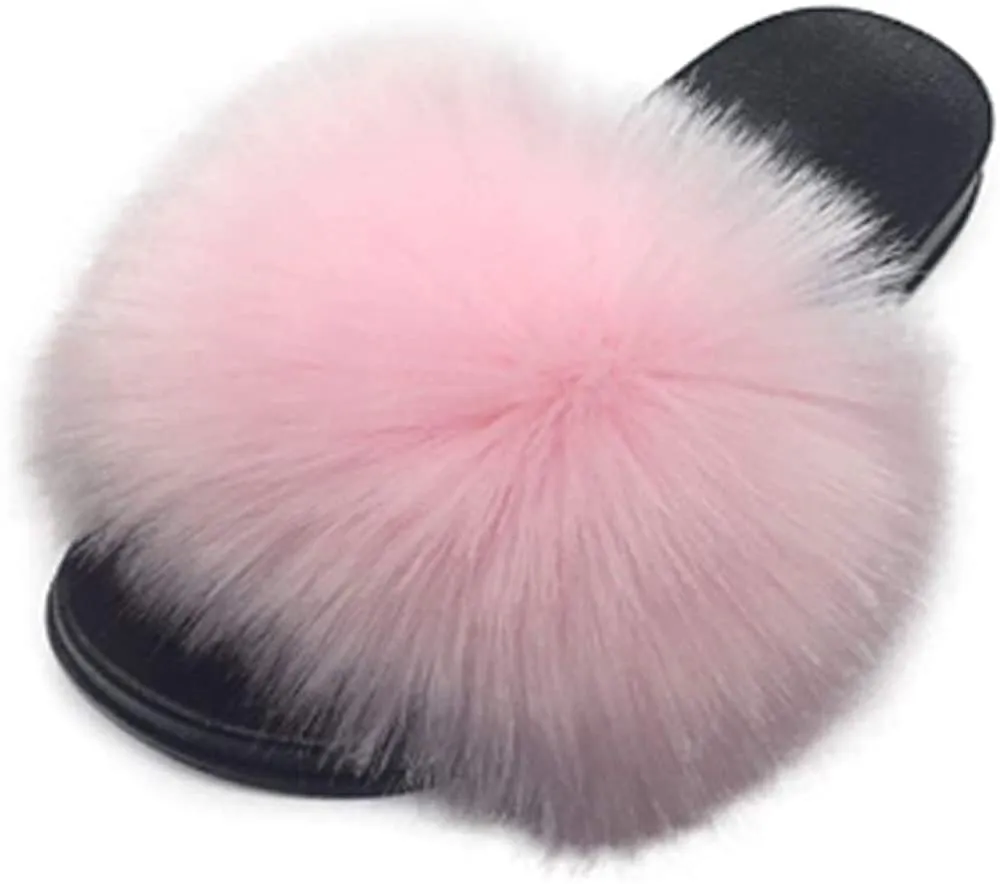 Womens Vegan Fur Slippers Fluffy Fuzzy Open Toe Slides Flip Flop