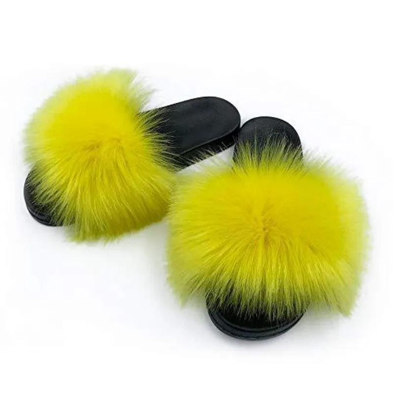 Womens Vegan Fur Slippers Fluffy Fuzzy Open Toe Slides Flip Flop