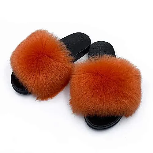 Womens Vegan Fur Slippers Fluffy Fuzzy Open Toe Slides Flip Flop
