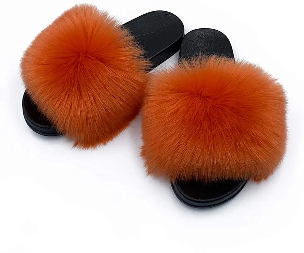 Womens Vegan Fur Slippers Fluffy Fuzzy Open Toe Slides Flip Flop
