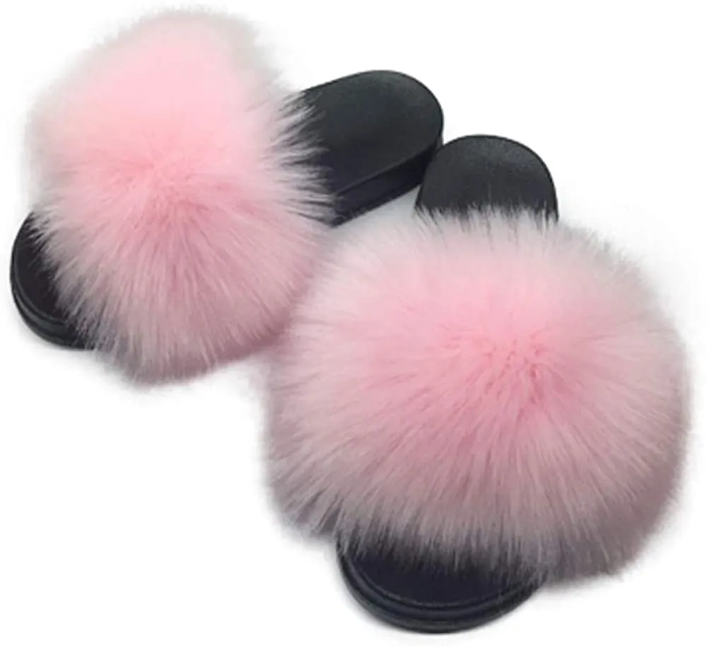Womens Vegan Fur Slippers Fluffy Fuzzy Open Toe Slides Flip Flop