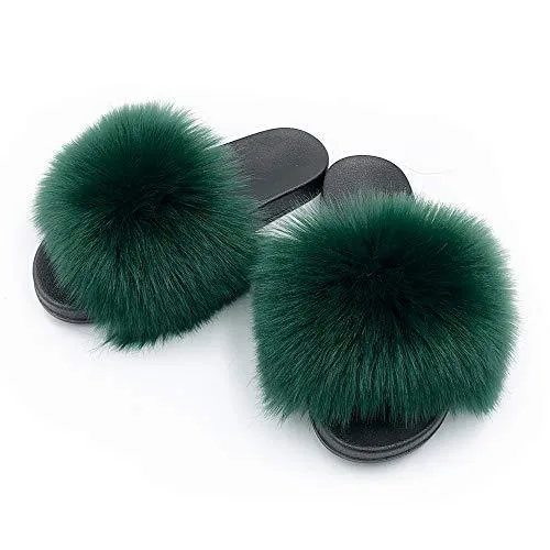 Womens Vegan Fur Slippers Fluffy Fuzzy Open Toe Slides Flip Flop