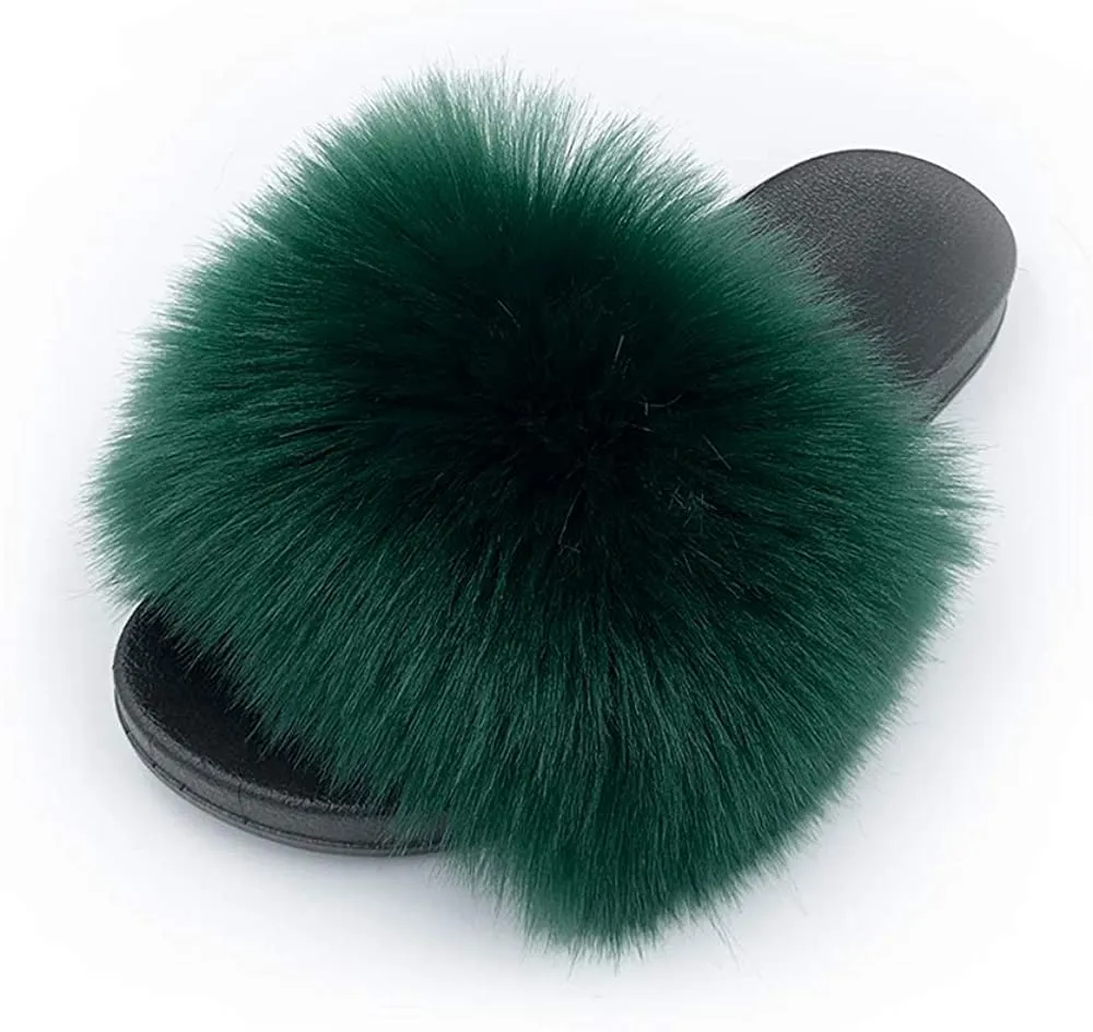 Womens Vegan Fur Slippers Fluffy Fuzzy Open Toe Slides Flip Flop