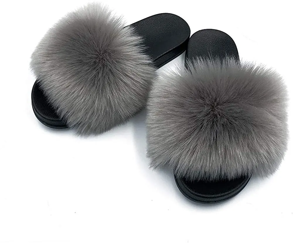 Womens Vegan Fur Slippers Fluffy Fuzzy Open Toe Slides Flip Flop