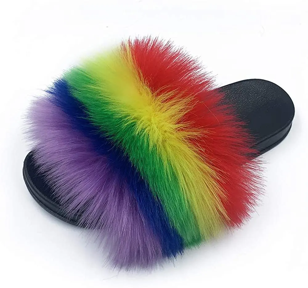 Womens Vegan Fur Slippers Fluffy Fuzzy Open Toe Slides Flip Flop