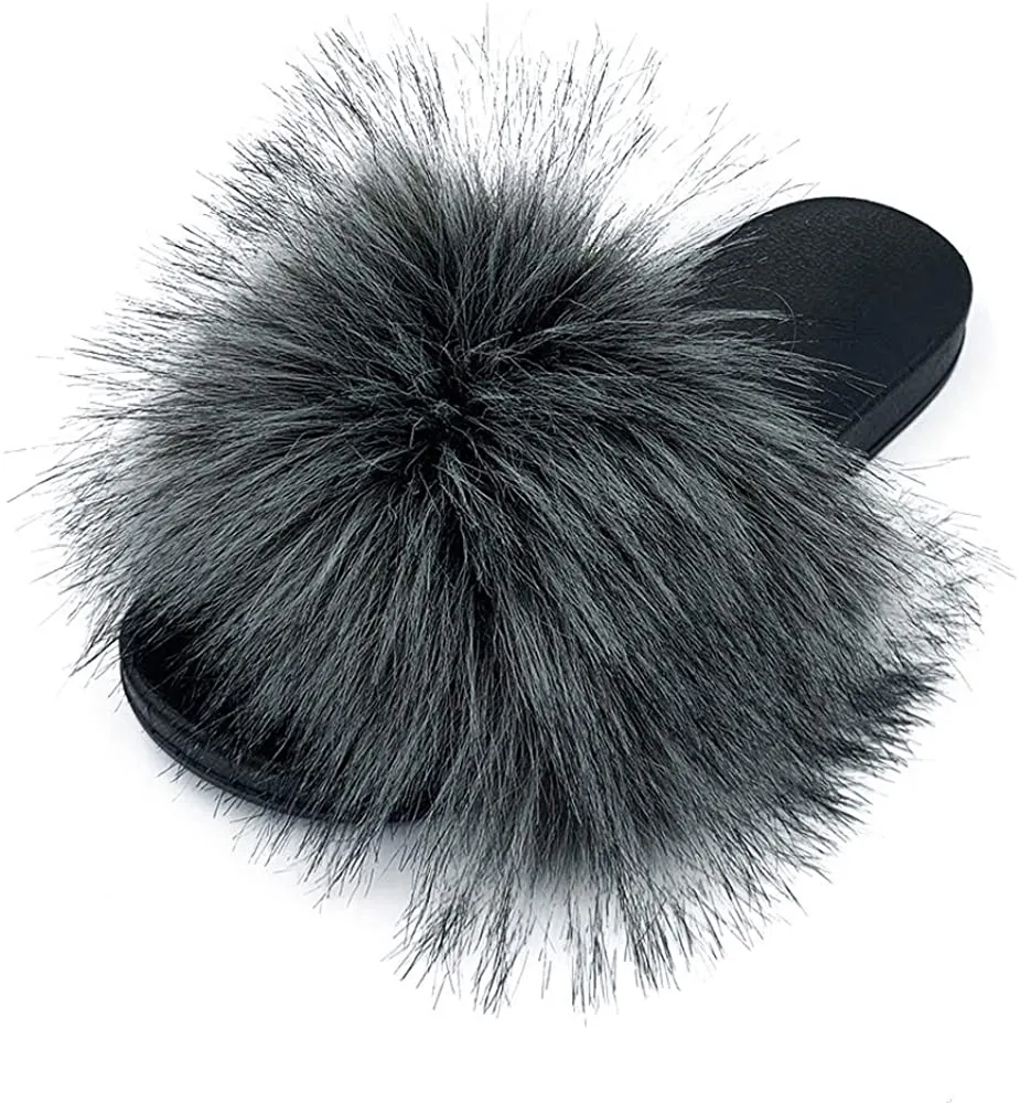 Womens Vegan Fur Slippers Fluffy Fuzzy Open Toe Slides Flip Flop