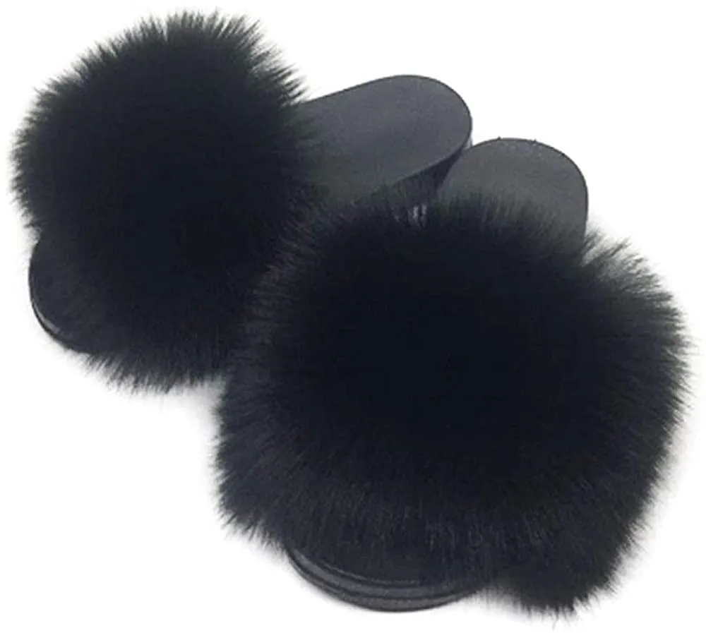 Womens Vegan Fur Slippers Fluffy Fuzzy Open Toe Slides Flip Flop