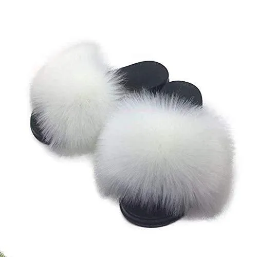 Womens Vegan Fur Slippers Fluffy Fuzzy Open Toe Slides Flip Flop