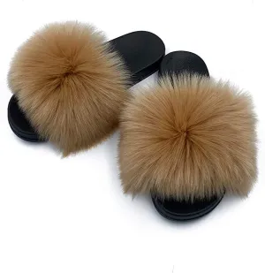 Womens Vegan Fur Slippers Fluffy Fuzzy Open Toe Slides Flip Flop
