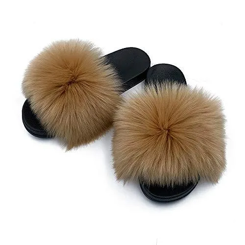 Womens Vegan Fur Slippers Fluffy Fuzzy Open Toe Slides Flip Flop