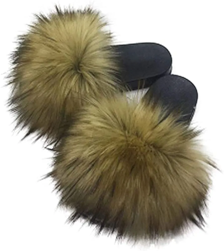 Womens Vegan Fur Slippers Fluffy Fuzzy Open Toe Slides Flip Flop