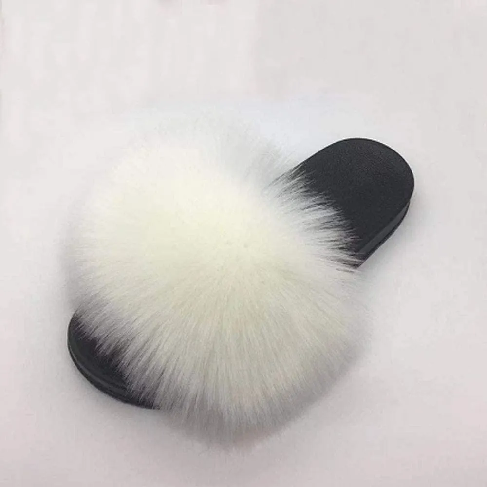 Womens Vegan Fur Slippers Fluffy Fuzzy Open Toe Slides Flip Flop