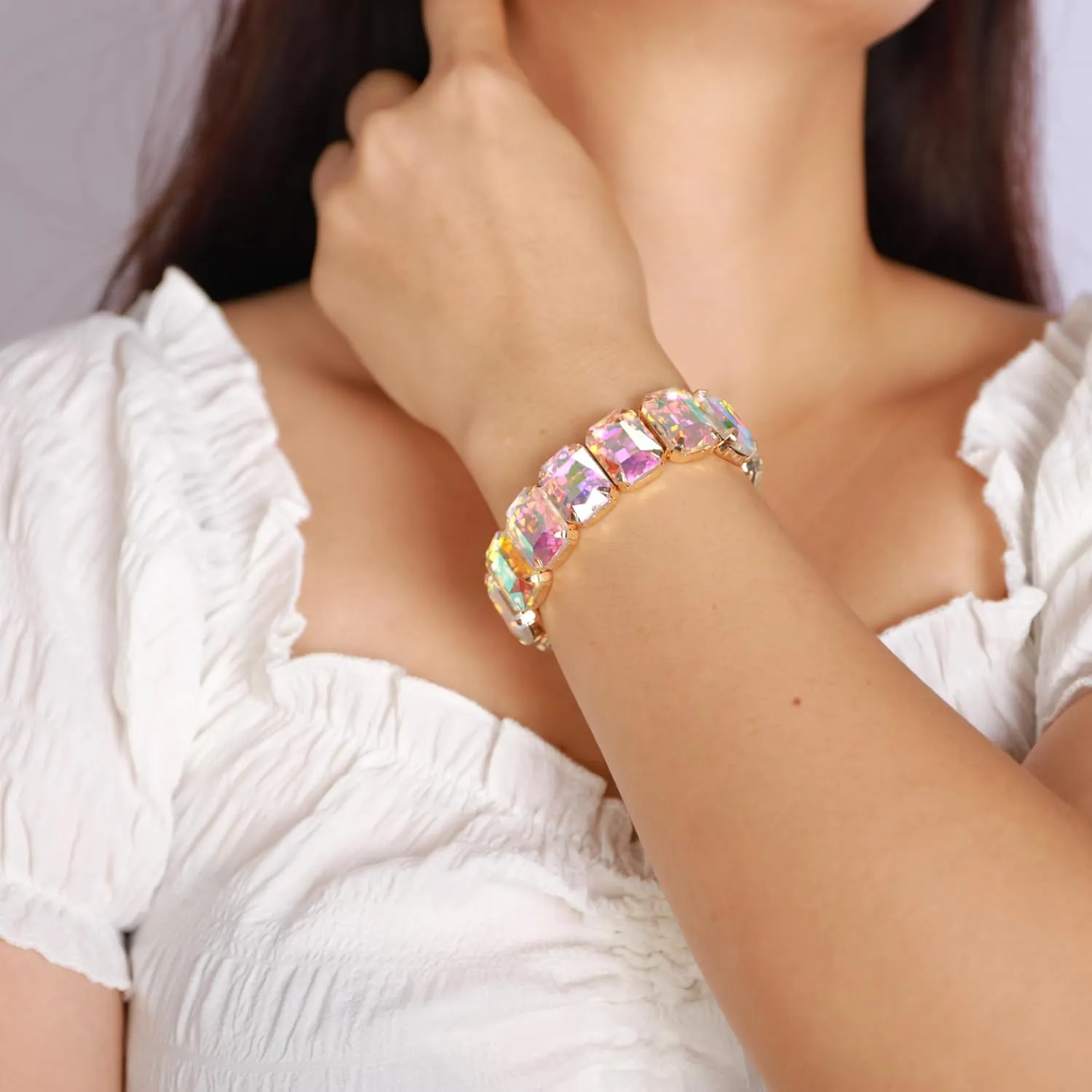 YERTTER Punk Colorful Square Crystal Stretchable Bracelet Hip Hop Bracelet Full Diamonds Hand Stretchable Elastic Bracelet Bangle for Teens Girls Women