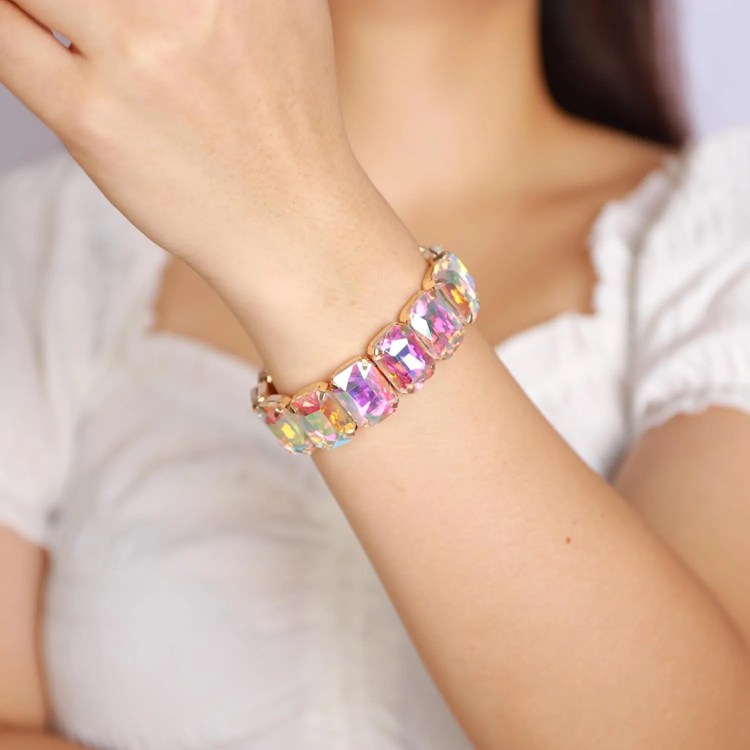 YERTTER Punk Colorful Square Crystal Stretchable Bracelet Hip Hop Bracelet Full Diamonds Hand Stretchable Elastic Bracelet Bangle for Teens Girls Women